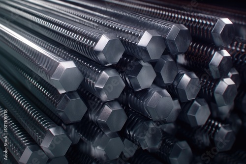 stack of steel bolts with black hexagonal heads on dark gray background for mechanical use