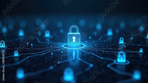 Glowing blue digital padlocks connected across network grid representing cybersecurity, blockchain, data protection, encrypted communication, and distributed security infrastructure