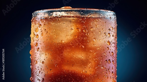 Glass of iced tea, with condensation and a vibrant hue, against a dark blue background, close - up, copy space.