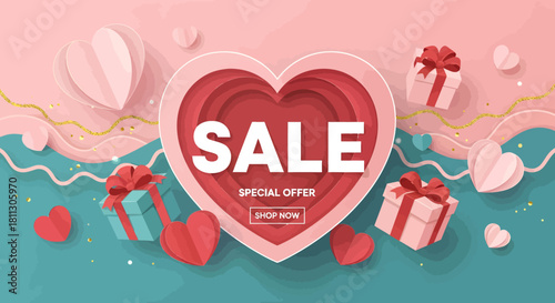 Valentine's Day sale advertisement with heart shape and gift boxes.