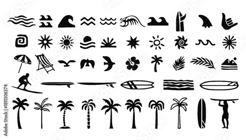 Tropical beach and surfing summer icons set black silhouettes