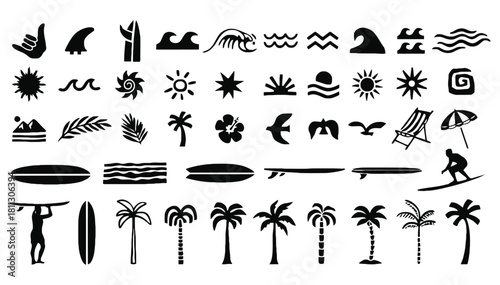 Tropical summer beach surf vacation travel recreation icon set