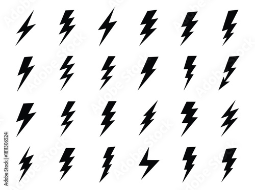 Assortment of black lightning bolt icons for power and energy.