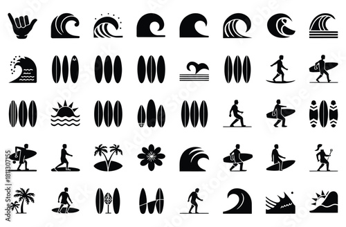 Surfing icons collection for beach and ocean sport designs vector.