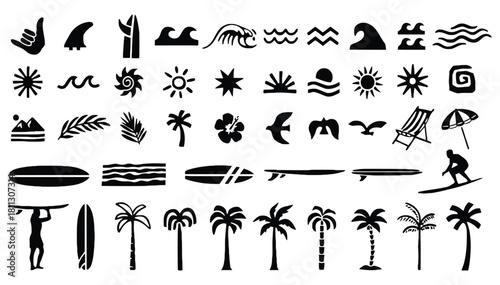 Collection of tropical beach summer vacation and surfing icons
