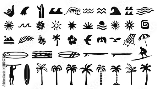 Tropical surf and beach vacation icons, elements, silhouette set