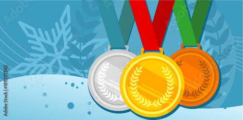 Gold, bronze and silver medals. Sports trophy, championship, with sow flakes, winter, sports competitions- banner, vector illustration background with empty space