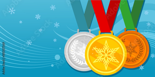 Gold, bronze and silver medals. Sports trophy, championship, with sow flakes, winter, sports competitions- banner, vector illustration background with empty space