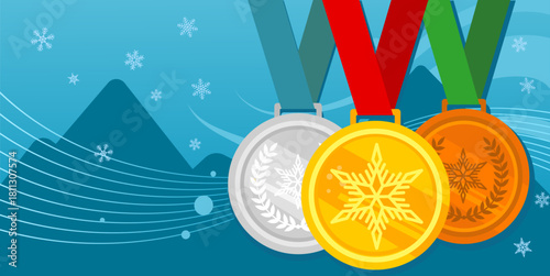 Gold, bronze and silver medals. Sports trophy, championship, with sow flakes and 
mountains , winter, sports competitions- banner, vector illustration background with empty space