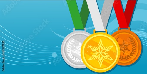 Gold, bronze and silver medals. Sports trophy, championship, with sow flakes, winter, sports competitions- banner, vector illustration background with empty space