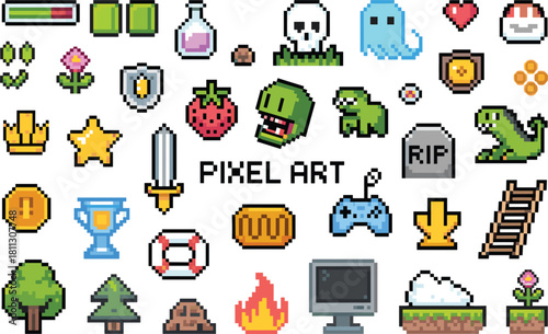 Large set of diverse pixel art game items, enemies, landscapes, inventory, retro video game assets, isolated vector collection