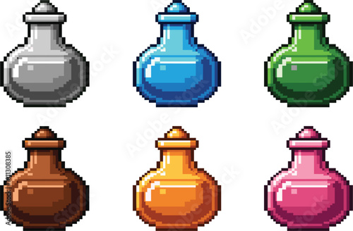 Pixel art potion bottle icons set, colorful magic alchemy elixir, health mana game assets, isolated vector illustration