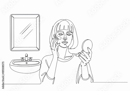 One line art drawing of a woman's skincare routine. Minimalist contour sketch of a girl applying face cream. Beauty and self-care concept
