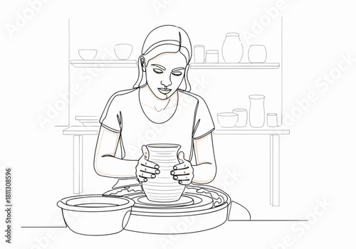 Woman making pottery in a continuous line art style. Artisan shaping a clay vase on a potter's wheel. Minimalist drawing for craft and hobby concepts