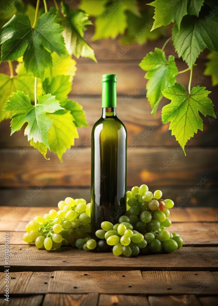 Fototapeta premium Wine bottle surrounded by lush green grapes on a wooden table