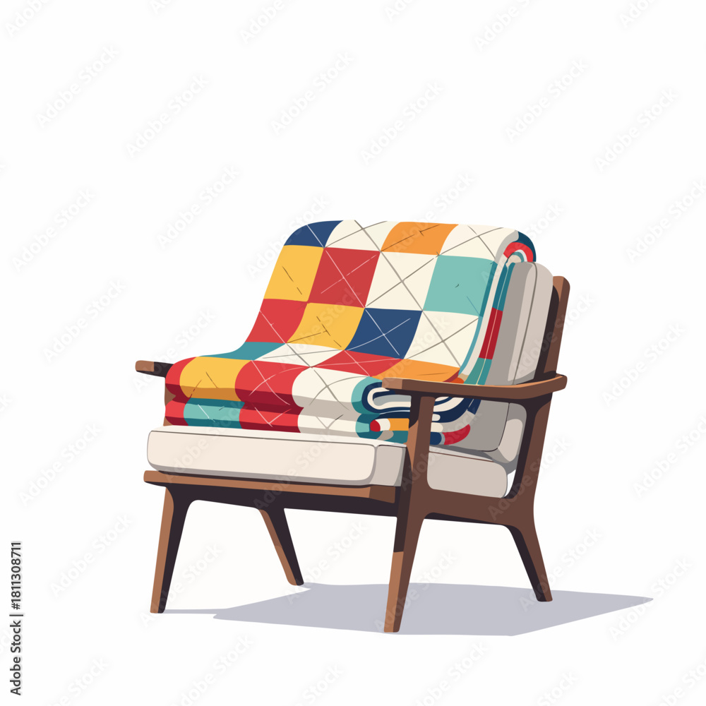Fototapeta premium Mid-century modern armchair with a patchwork quilt. Cozy home decor and furniture concept. Flat design graphic isolated on a white background