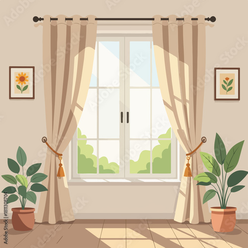 Cozy room interior with sunlight streaming through a window. Flat design scene with curtains, houseplants, and floor shadows. Home decor and morning light concept