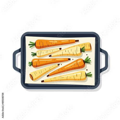 Roasted parsnips and carrots on a baking tray. Top-down view of a healthy vegetable recipe. Flat design graphic isolated on a white background