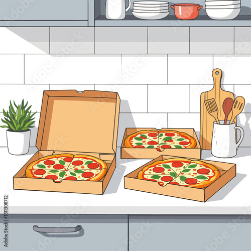 Three pepperoni pizzas in delivery boxes on a kitchen counter. Food delivery and takeout concept graphic. Cartoon drawing of a meal in a home setting