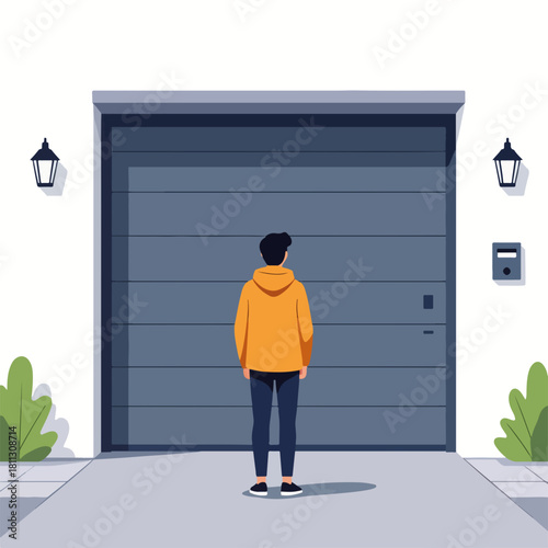 Man standing in front of a closed garage door. Flat design character at a suburban house. Real estate and home ownership concept