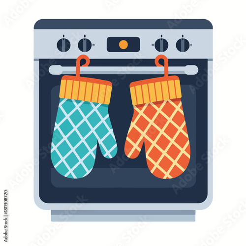 A pair of oven mitts hanging on an oven door. Flat design vector illustration. Kitchen appliance and cooking safety concept