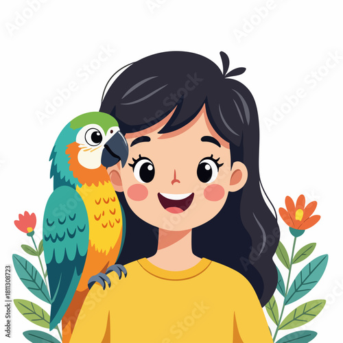 A cartoon character of a happy girl with a pet parrot on her shoulder. Friendship between a child and a bird. Flat design graphic isolated on white background