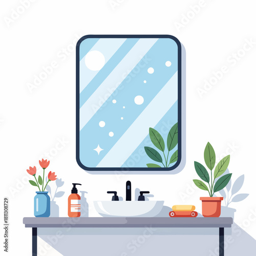 Modern bathroom vanity with sink and mirror. Flat design graphic of home interior decor. Personal hygiene and morning routine concept