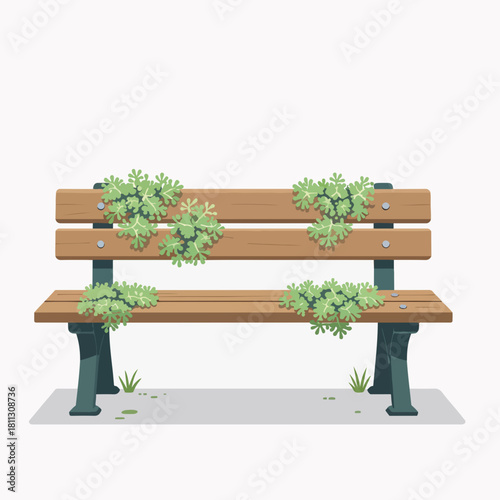 Overgrown park bench with lichen. Flat design vector illustration of old wooden furniture. Nature reclaiming an urban object