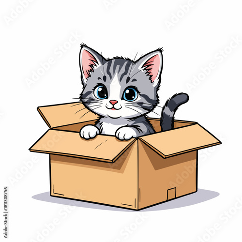 A cartoon drawing of a homeless kitten in a cardboard box. Cute tabby cat character for animal shelter and pet adoption concepts. Isolated graphic design