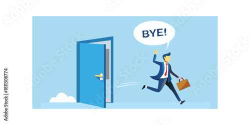 Businessman running out the door saying goodbye with briefcase