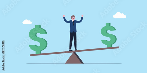 Balancing act businessman balancing on seesaw with dollar signs financial stability