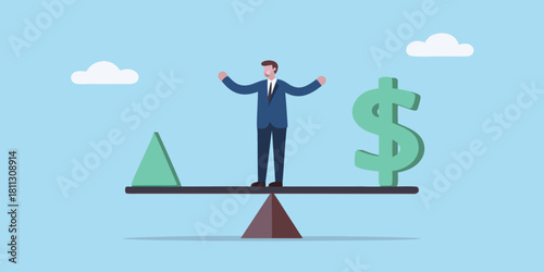 Businessman balancing on seesaw with dollar sign and triangle shape
