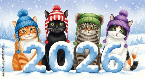 Illustration of four cats in winter hats with numbers 2026, covered in snow. New Year celebration, greeting card for pets, vet clinics, grooming salon, pet clothes or food