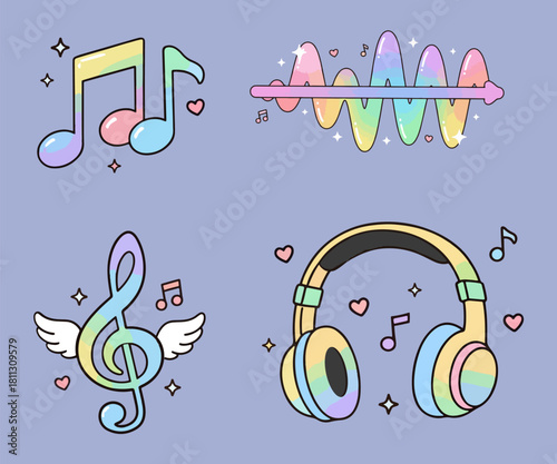 Cute K-Pop Music Note icon set- Pastel Rainbow Aesthetic Vector 