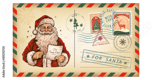 Retro-style envelope for a letter to Santa Claus, Christmas card with postage stamps and seals. Vector vintage illustration, isolated on a white background.