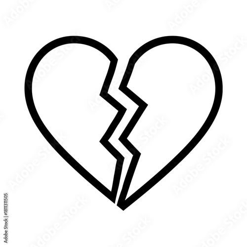 Minimalist black outline broken heart icon symbolizing profound sadness, divorce, separation, emotional pain, loss, grief, and heartbreak. A simple vector graphic for illustrating love's end and shatt