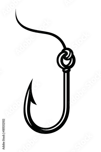 A clear black and white vector illustration of a sharp fishing hook, carefully tied with a fishing line, symbolizing essential angling equipment, sport fishing gear, and outdoor recreational tackle. I