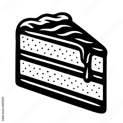 A delightful, richly layered cake slice, expertly illustrated in a clean, high-contrast black and white vector style, featuring generous frosting and intricate details. Perfect for confectionery brand