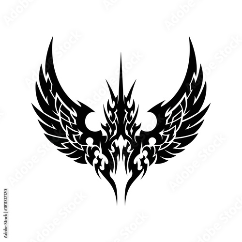 Black tribal phoenix wings design with intricate details and sharp edges, symmetrical graphic art.