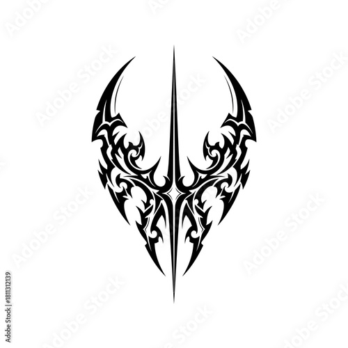 Symmetrical black tribal tattoo design with sharp, stylized wings and a central spike on a white background, isolated graphic art.