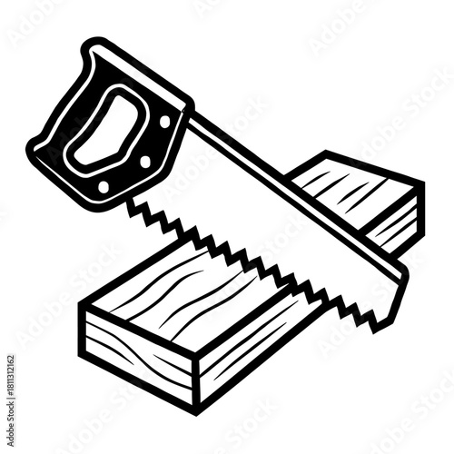 Black and white illustration of a classic hand saw cutting through a piece of wood plank, depicting traditional carpentry work, woodworking, DIY projects, construction, craftsmanship, and essential ma