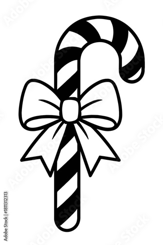 Christmas Candy Cane with Bow Icon Vector – Striped Holiday Sweet Treat and Decoration Symbol
