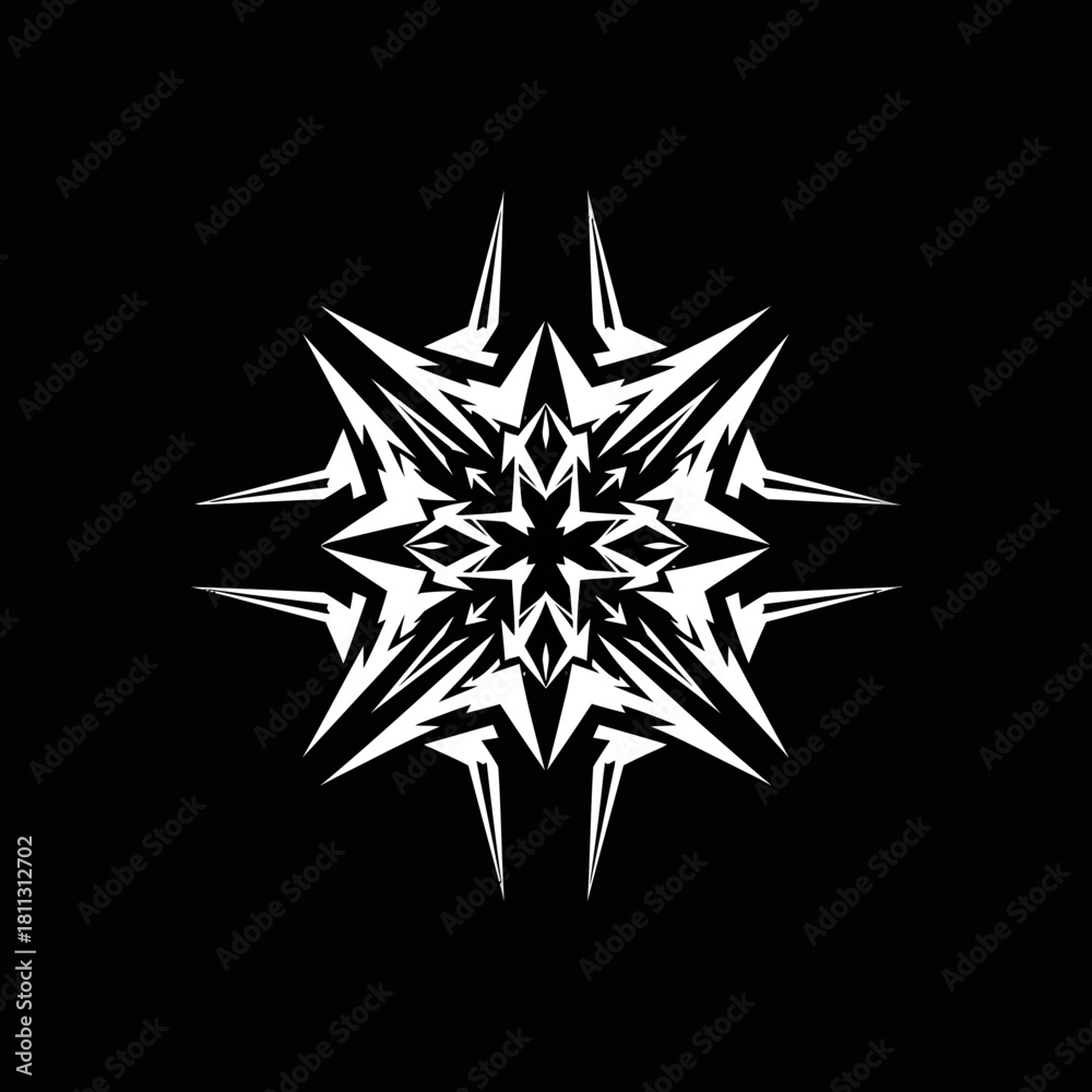 Obraz premium Intricate white symmetrical starburst design with sharp spiky elements on a black background, resembling a complex snowflake or abstract emblem.