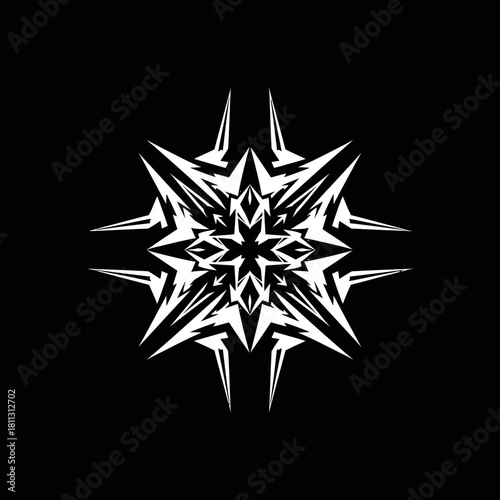 Intricate white symmetrical starburst design with sharp spiky elements on a black background, resembling a complex snowflake or abstract emblem.