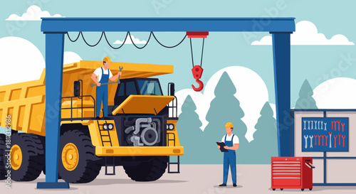Heavy Equipment Repair Mechanics Performing Maintenance on a Large Yellow Dump Truck Under a Crane in an Industrial Setting