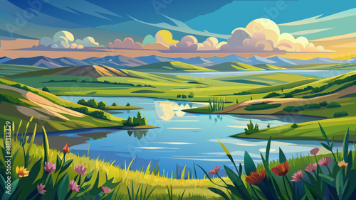 Very beautiful view of Sather Lake in Little Missouri National Grassland, North Dakota, with calm reflective water, rolling grassy hills, scattered wildflowers, and a serene open-sky prairie atmospher