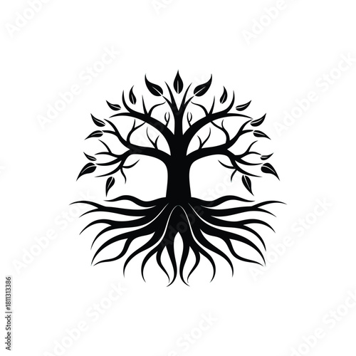 Stylized black tree with roots and leaves isolated on white background