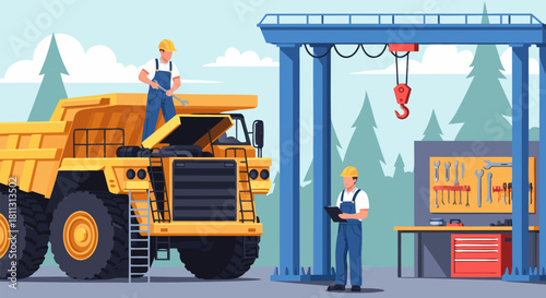 Professional mechanics servicing a giant haul truck in an industrial workshop. Heavy machinery repair and maintenance concept vector illustration
