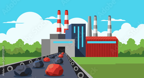 Factory Coal Mining Industry Power Plant Conveyor Belt Concept Vector Illustration