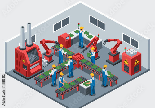 Isometric smart factory. Robotic arms and human workers on automated assembly line produce electronics, demonstrating modern industrial manufacturing automation